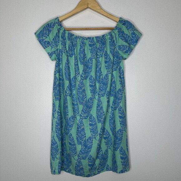 Vineyard Vines Off the Shoulder Dress Size XS Linen Blend Blue Green Palm Print - Picture 3 of 9